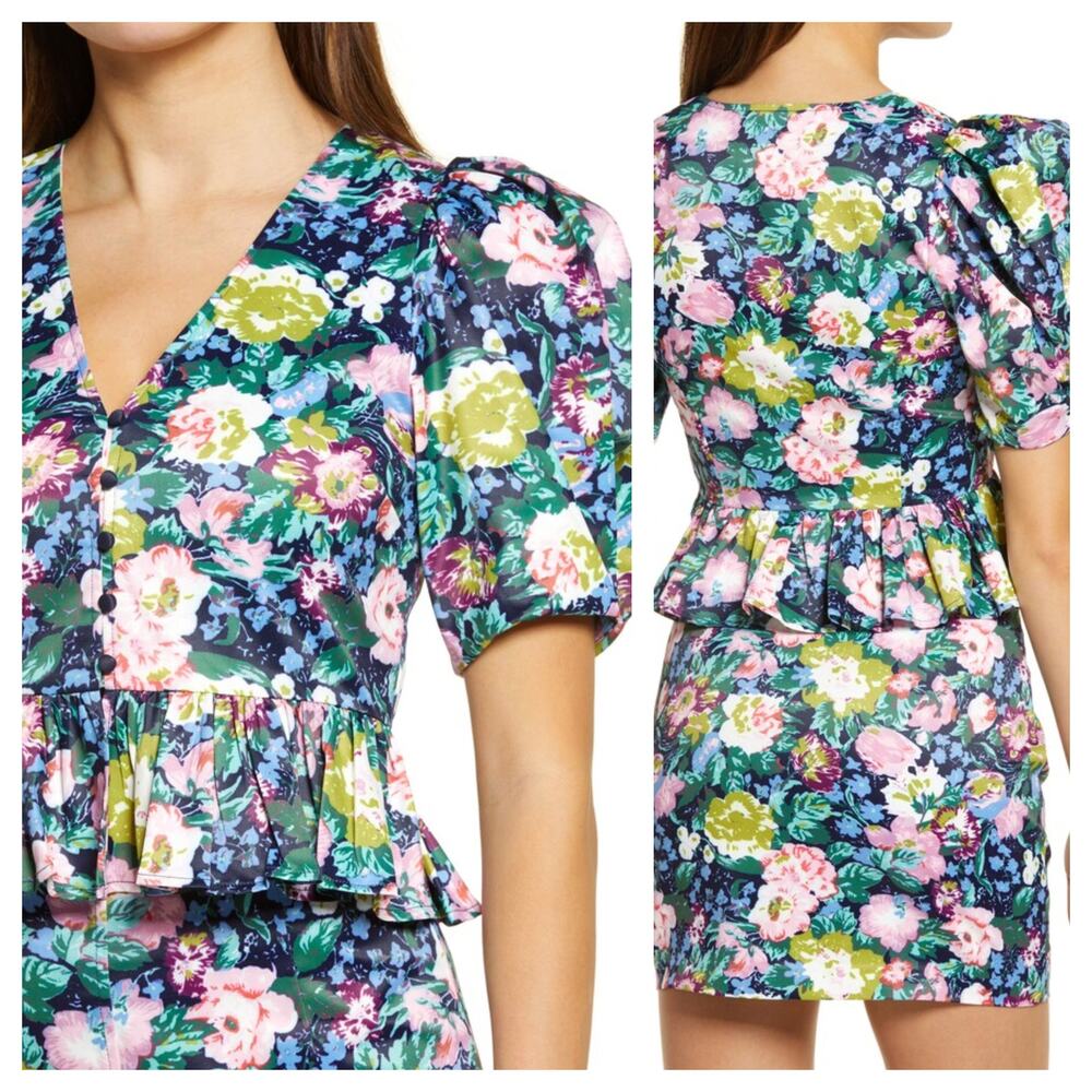 Endless Rose Floral Puff Sleeve Peplum Top Large Coquette Cottagecore